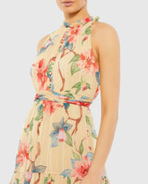 Beige Floral Button High Neck Maxi Dress